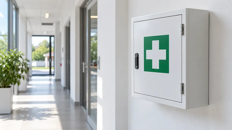 Cassetta di primo soccorso a parete in un ambiente di lavoro