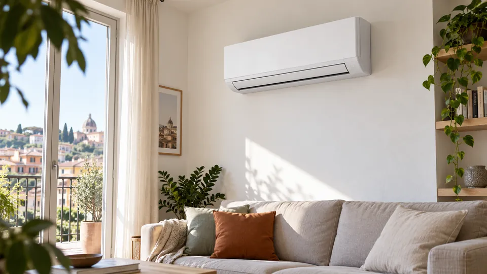 Climatizzatore split a parete in un soggiorno luminoso