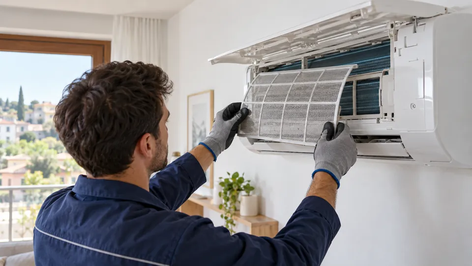 Tecnico che controlla il filtro di un climatizzatore split